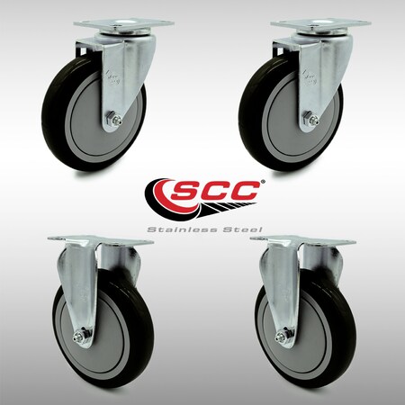 Service Caster 5 Inch SS Black Polyurethane Swivel Top Plate Caster Set with 2 Rigid SCC SCC-SS20S514-PPUB-BLK-2-R514-2